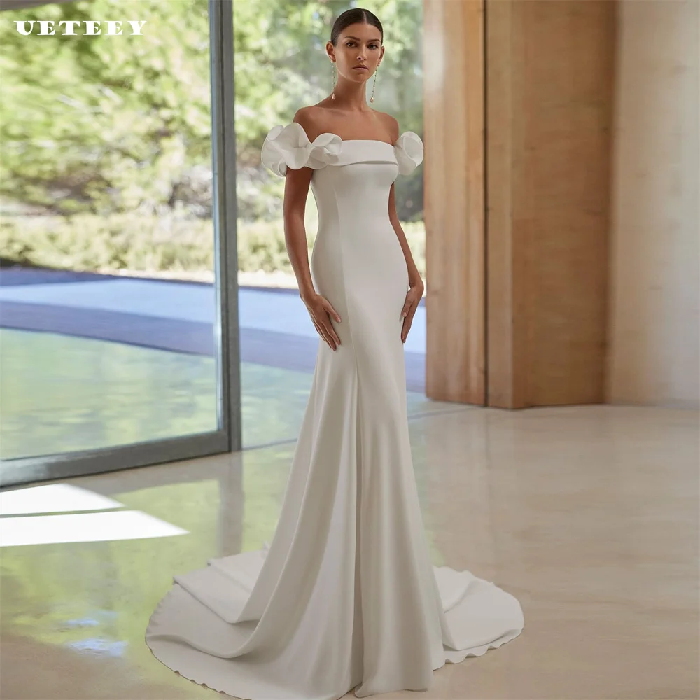 

UETEEY Customized Simple Ruched Off Shoulder Crepe Mermaid Wedding Dress For Women Button Zipper Back Court Train Bridal Gown