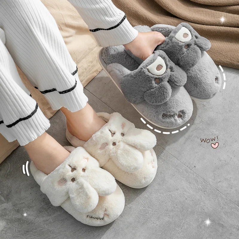 Women Winter Home Slippers Non-Slip Soft Warm House Shoes Men Ladies Indoor Bedroom Couples Cartoon Rabbit Bear Floor Slides