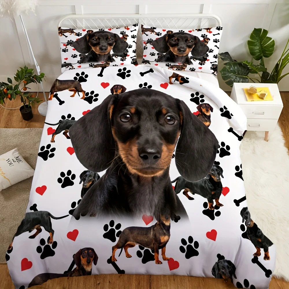 Cute Dachshund Dog Printed Duvet Cover Set - Bedroom & Guest Room Bedding Collection