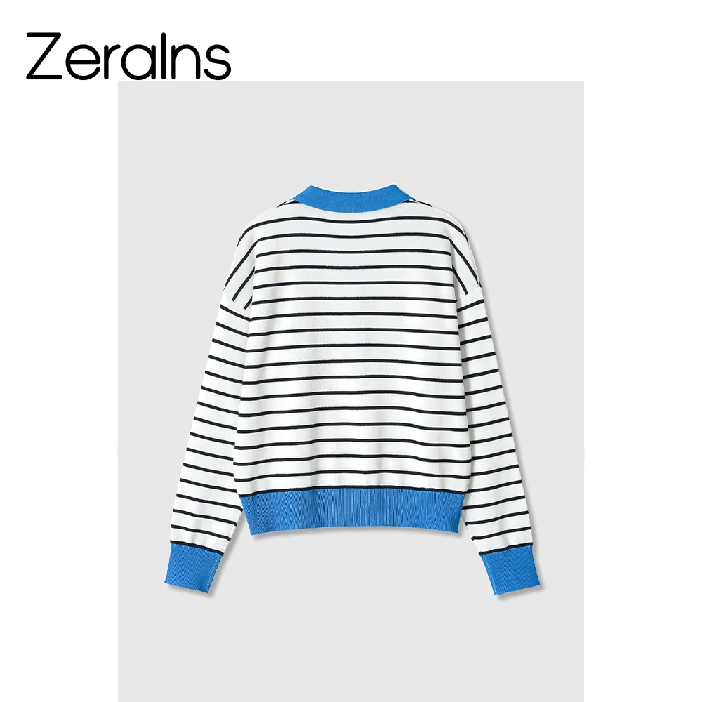 ZERAINS French retro minimalist style striped half zip POLO collar long sleeved knitted sweater women's top