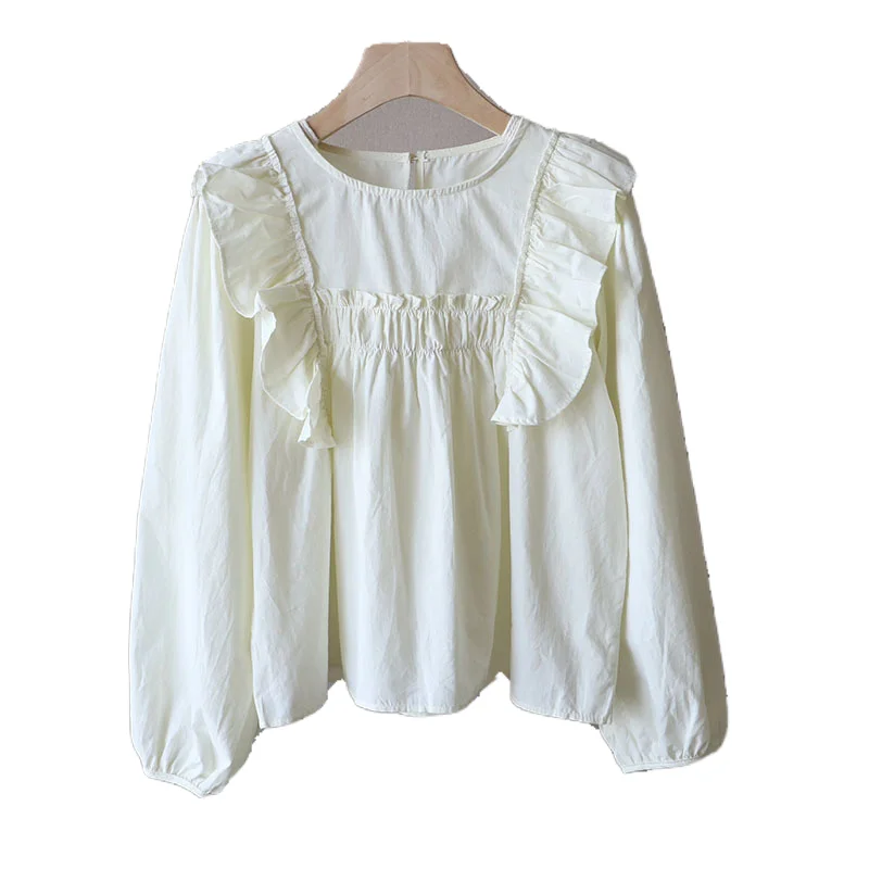 Women Blouses Simple Solid Ruffles Ruched Casual Elegant Korean Style Fashion All-match Comfortable Female Tops Loose Sweet Soft