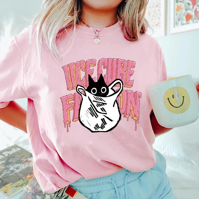 

Новая женская модная футболка с принтом аниме кота, повседневная рубашка большого размера в стиле Харадзюку, уникальная футболка с кошачьим принтом, топ