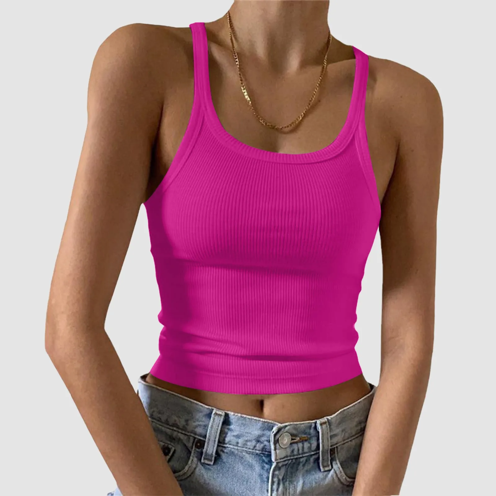 2024 Women‘s Summer Casual Basic Tops Ladies O-Neck Sleeveless Tshirts Female Fashion Solid Color Spaghetti Strap T-Shirt