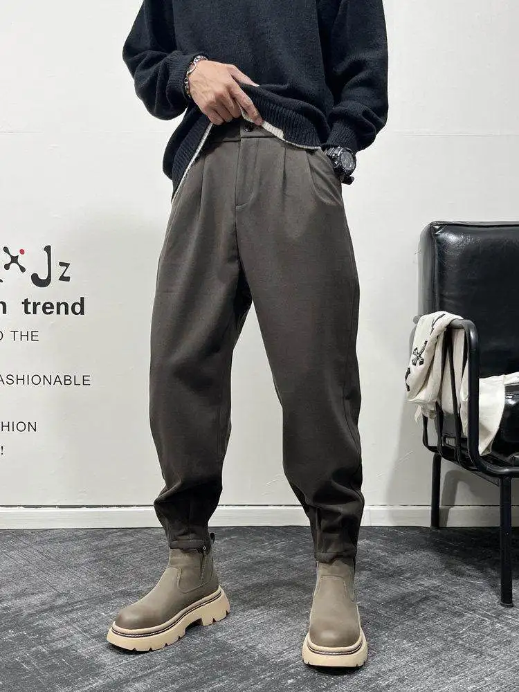 

Men's Woolen Casual Pants Loose Fit Harlan Cone ape Slimming Long Trousers for Autumn Winter Pure Color Versatile High-End ...