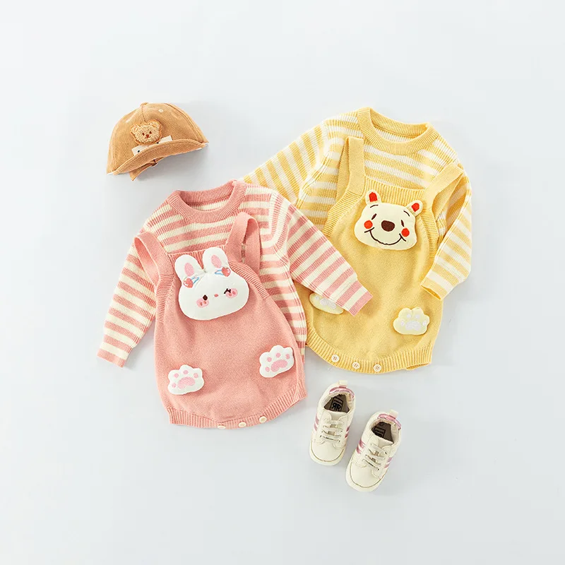 Autumn Baby Girl 2PCS Clothes Set Striped Pit Striped Elastic Hem Sweater Cartoon Rabbit Knitted Romper Suit Infant Girl Outfits