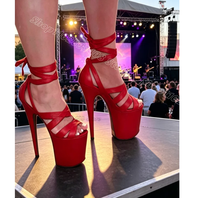 Red Ankle Strap Platform Stiletto Sandals Cover Heels Open Toe Stylish Summer Women Dancing Sexy Sandals Zapatos Para Mujere