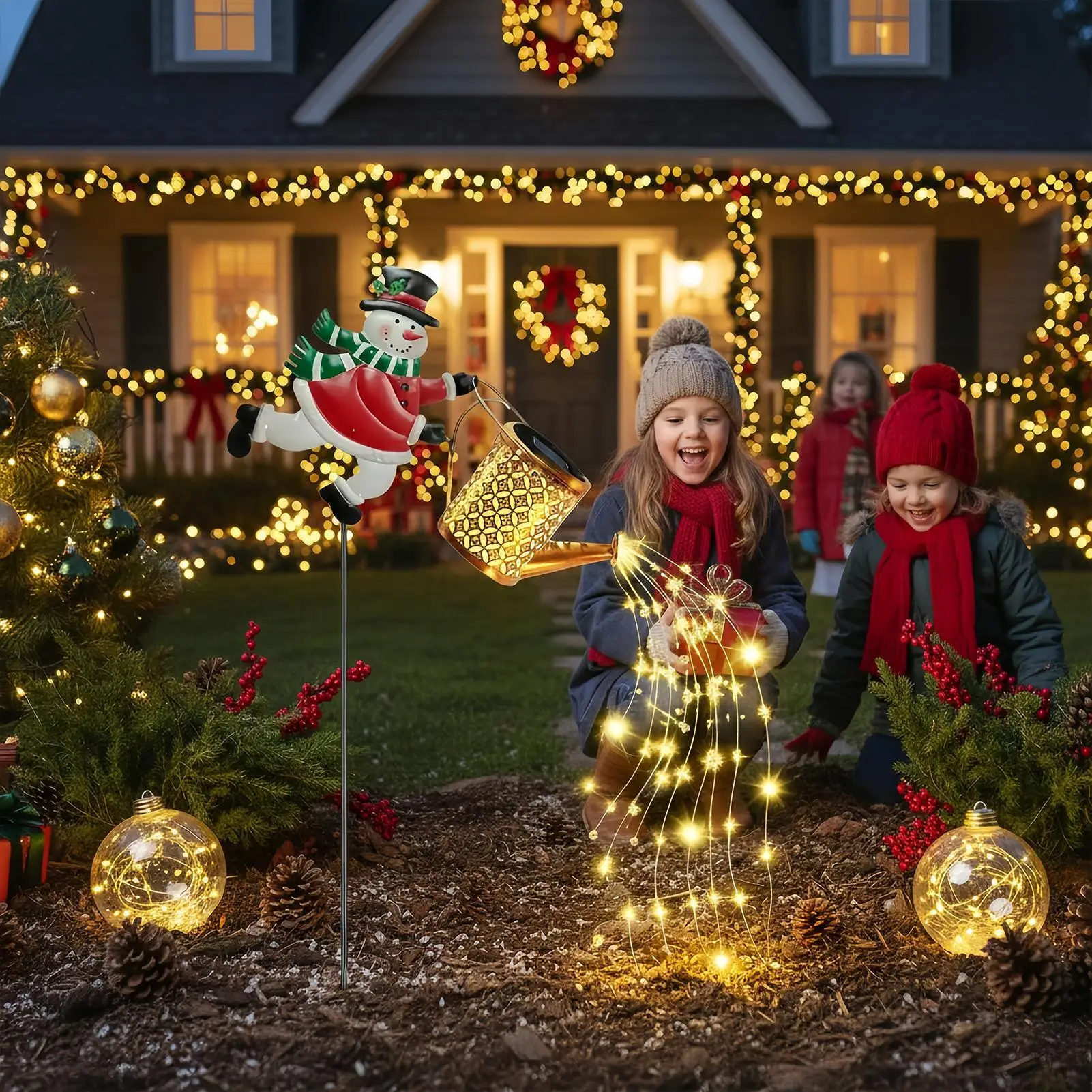 Christmas Solar Watering Can Decorative Snowman Solar Kettle Light Lawn Decorative Lantern Waterproof For Garden Yard Patio