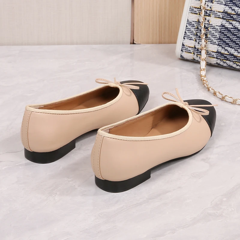 2023 سيدة اللون كتلة الكلاسيكية تويد المشمش لينة الجلود الباليه الشقق تنوعا جولة تو القوس الضحلة الباليه حذاء واحد النساء #2