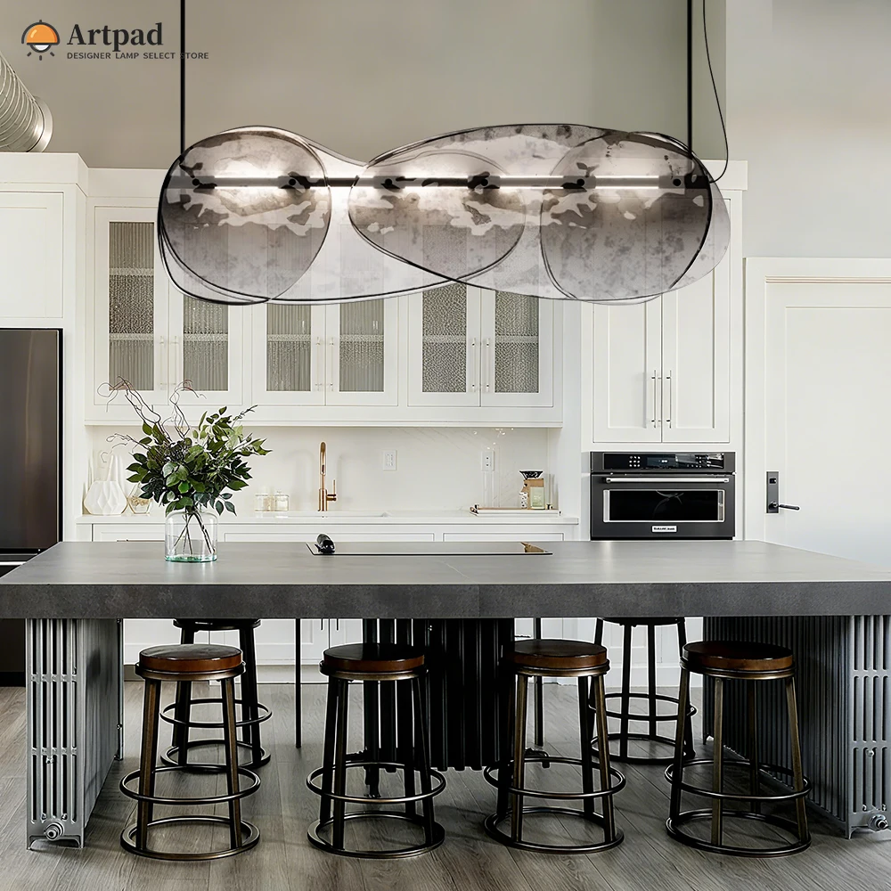 Lampe suspendue moderne italienne pour salle à manger, table de cuisine, îlot, luminaire suspendu en verre gris clair superposé, long lustre LED