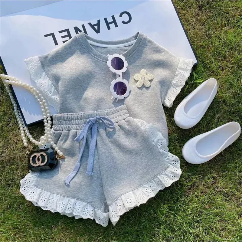 Summer Baby Girl Clothes Set Cotton Lace Patchwork T-shirts Shorts Suit Children Kid Flower Short Sleeve Top Bottom Outfits