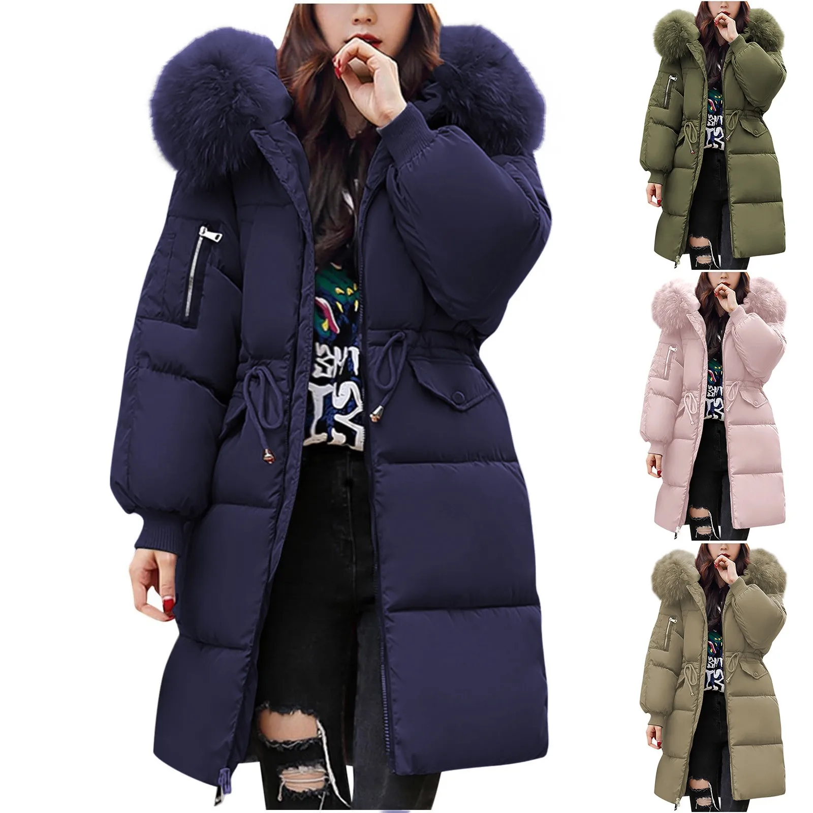 Lady Down Cotton Jacket Winter Mid Lenght Down Puffer Coats Plus Size Slim Trench Hooded Jackets Long Sleeve Warm Women Outwear