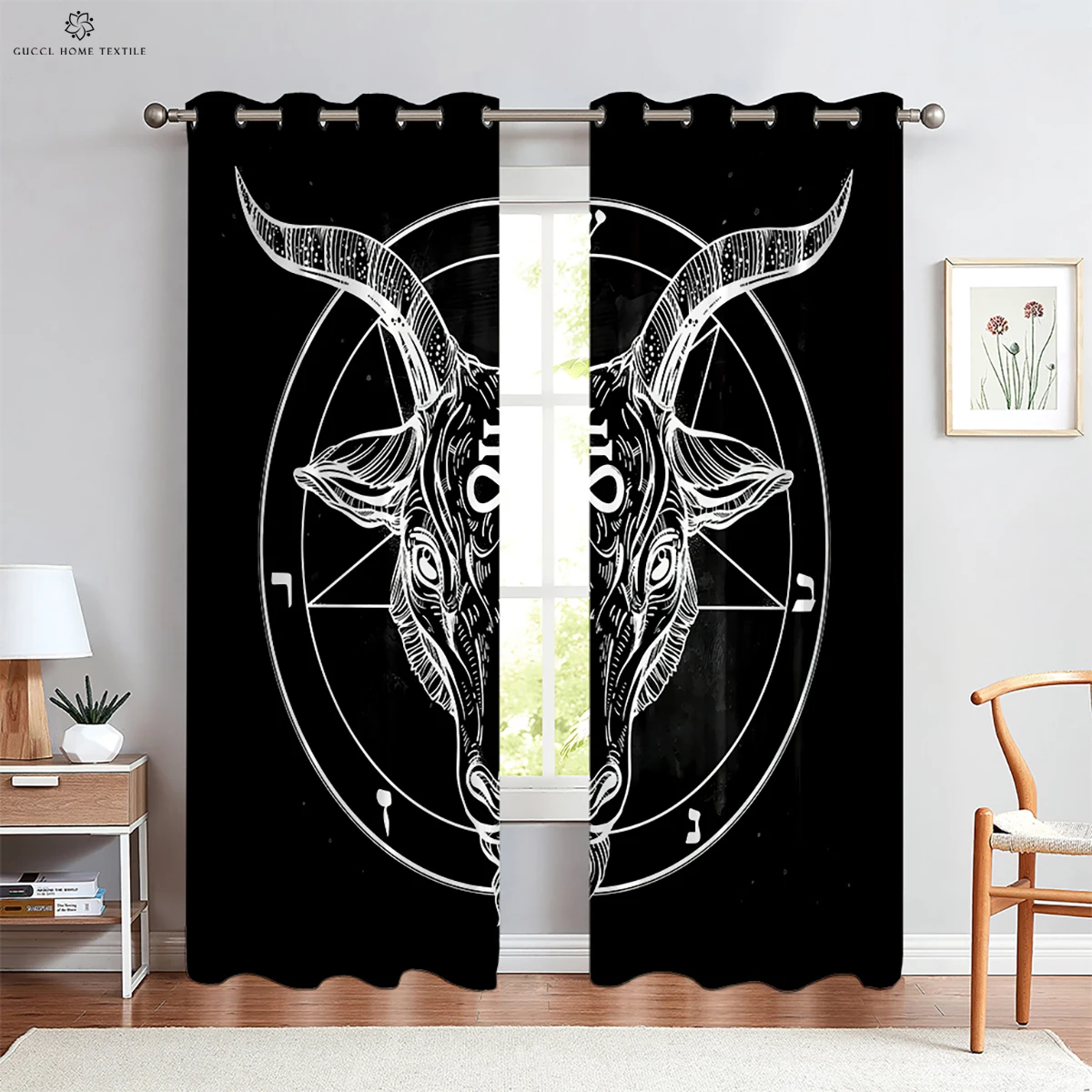 Geometric Rune Shield Constellation Printed Curtains, Black Curtains, Living Room, Outdoor, Bedroom, Kitchen, Window, 2Pcs