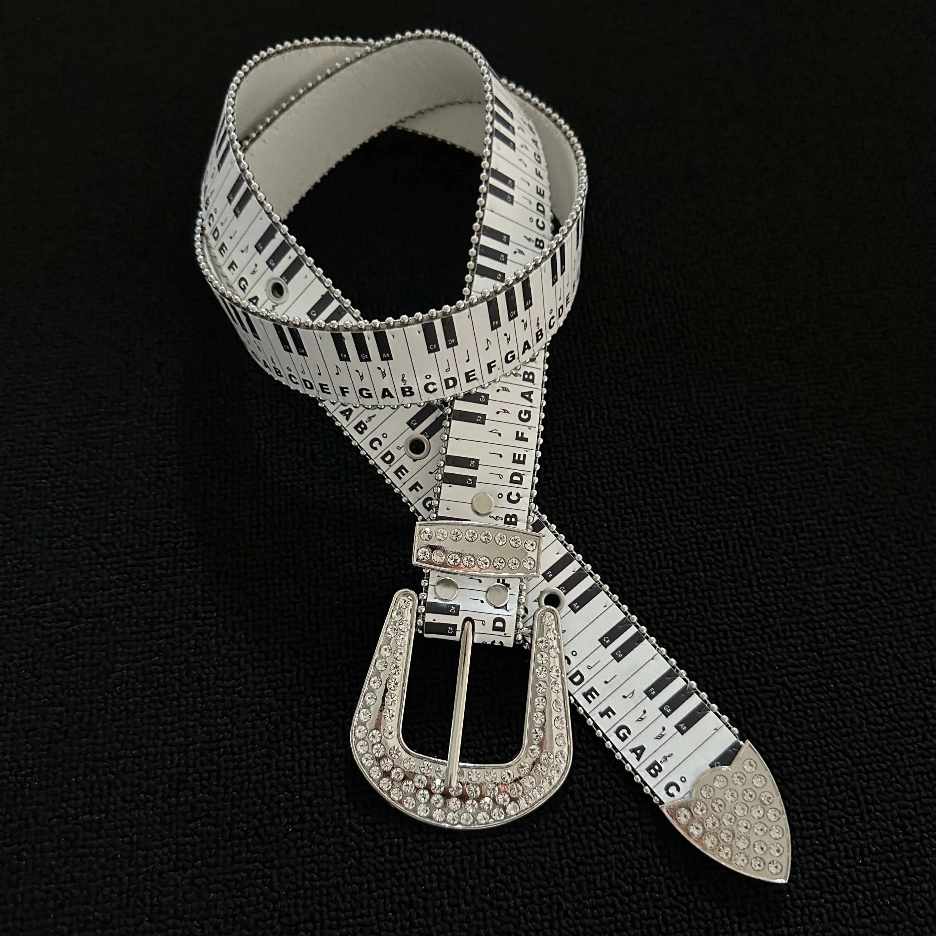 Belt with Rhinestone-Encrusted Metal Buckle and Piano Keyboard Pattern, Y2K Punk Style, Unique Niche Belt Accessory