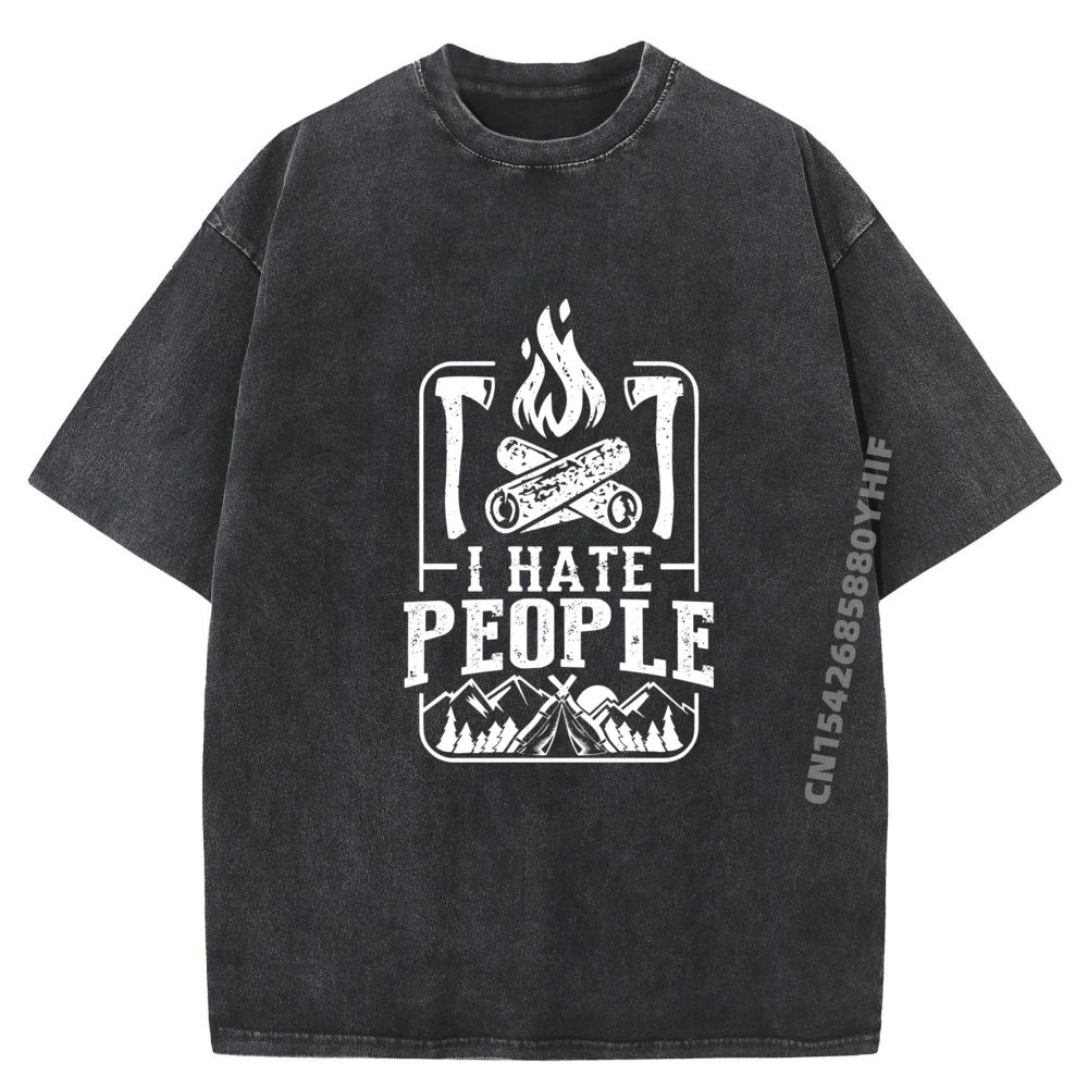 

I Hate People Mountain Camping Lovers Funny Plain T Shirts Wholesale Men's T-Shirts Loose Washed Shirt