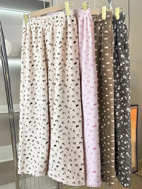 

Thickened Fleece Women's Home Pants Double-sided Coral Velvet Floral Warm Loose Winter Sleepwear Comfortable Long Pants