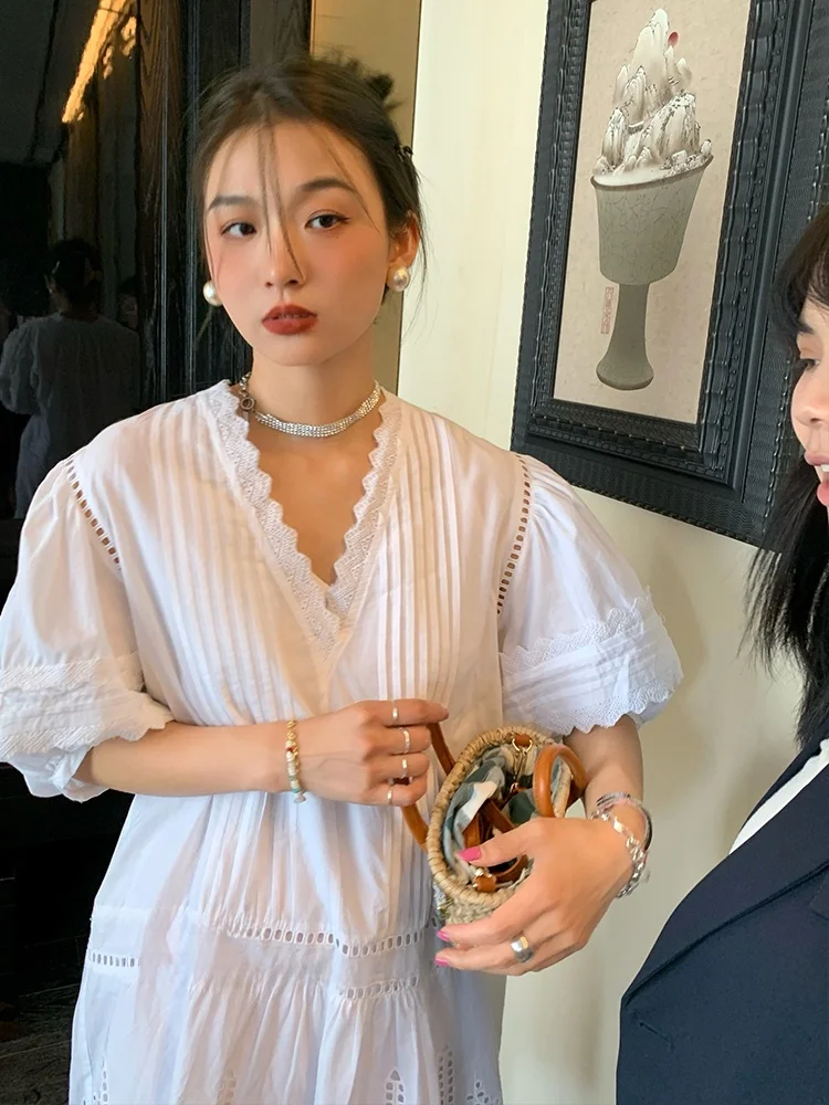 White Lace Bubble Sve Dr Women's Loose Sle Korean Version A-Line Skirt Cotton ort Sve V-Ne Summer New Arrival