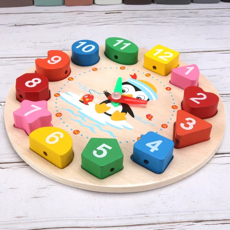 Montessori Wooden Clock Puzzle Cartoon Animal Tangram Cognitive Digital Clock Kids Early Educational Threading Assembly Toys