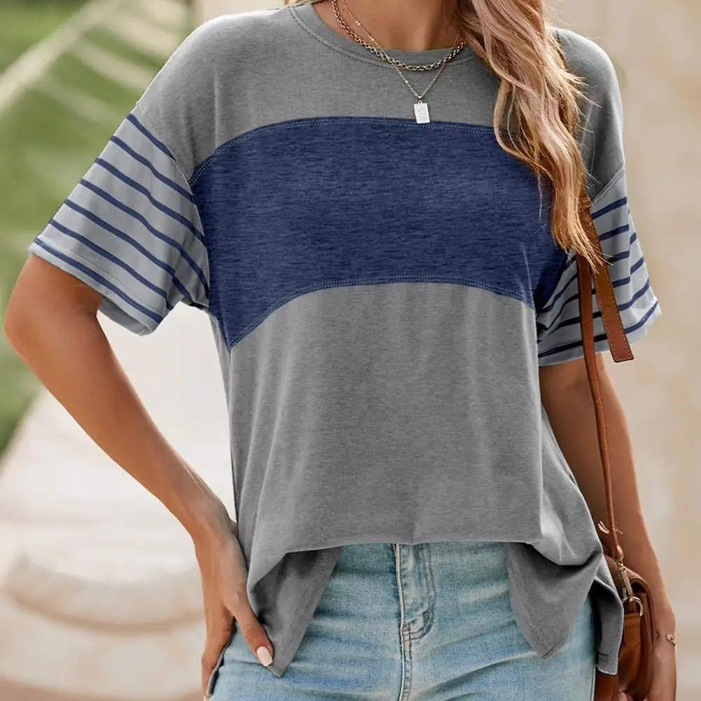 루즈핏 여성 티셔츠 라운드넥 통기성 반팔 컬러 블록 티셔츠 풀오버 탑 2025