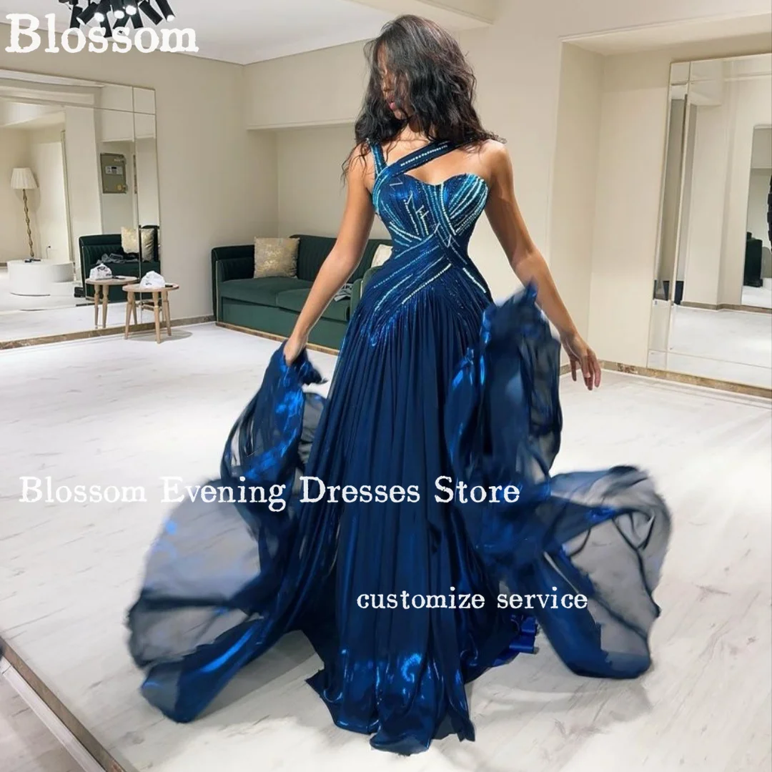 

One-shoulder Glitter Blue Prom Dresses Pleated Beadings A-line Luxury Evening Dress 2024 Formal Party Gown Vestidos De