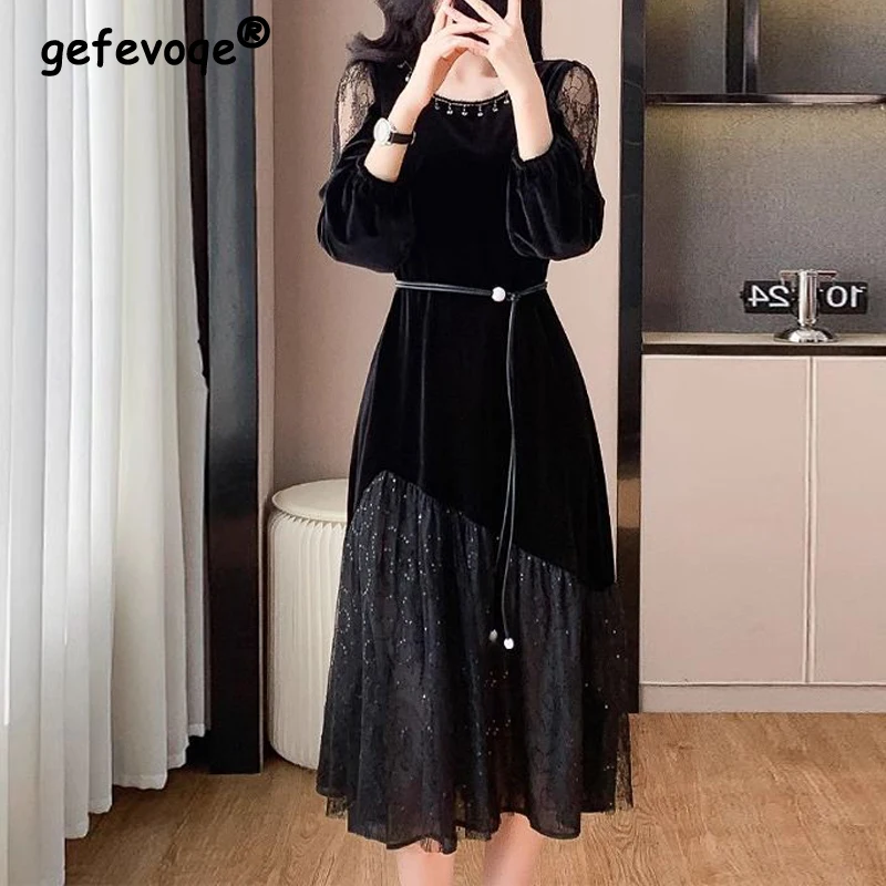 女性のためのエレガントなヴィンテージミドル丈ドレス,セクシー,メッシュ,パッチワーク,レースアップ,イブニングドレス,黒のスパンコール,シックなベルベット,スリム,エレガント,豪華