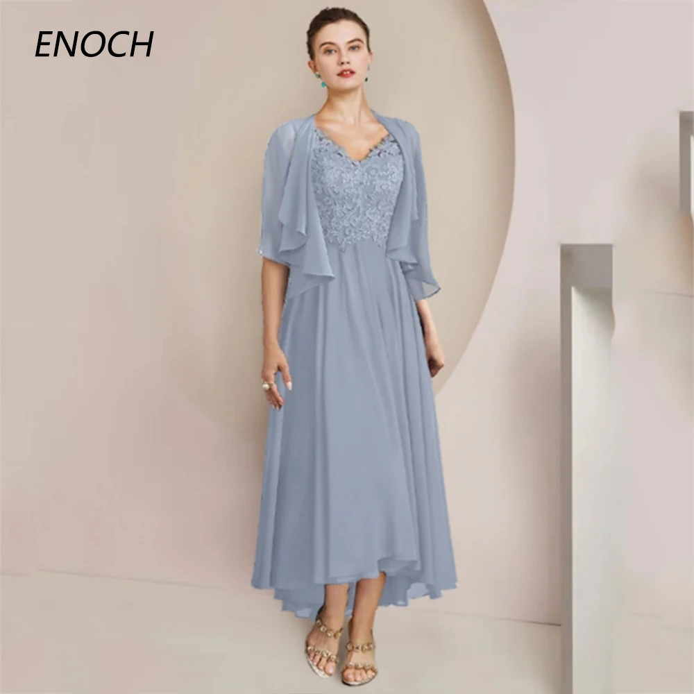 Enoch elegante A-Linie Mutter der Braut Kleider mit Jacke Spitze Applikationen Reiß verschluss zurück Chiffon Hochzeits feier Kleid Vestidos neu