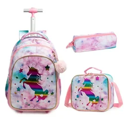 Children's Wheels Backpack Bag Set with Lunch Box School Rolling Backpack Bag with Wheels School Trolley Backpack Bag for Girls