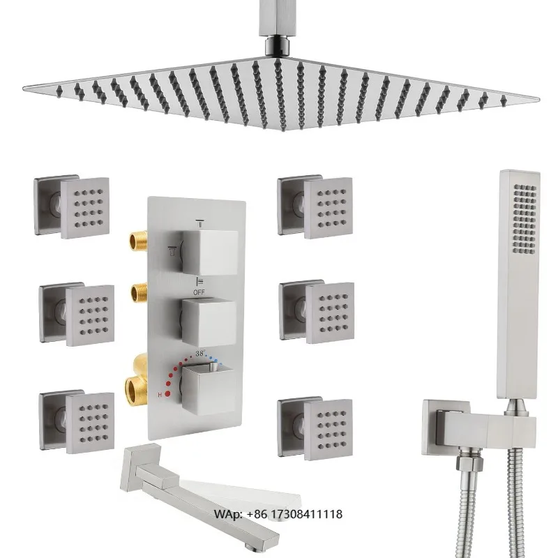 Zestaw prysznicowy deszczownica 16 cali, mosiężny, z dyszami natryskowymi, szczotkowane wykończenie, montaż sufitowy, do użytku hotelowego.