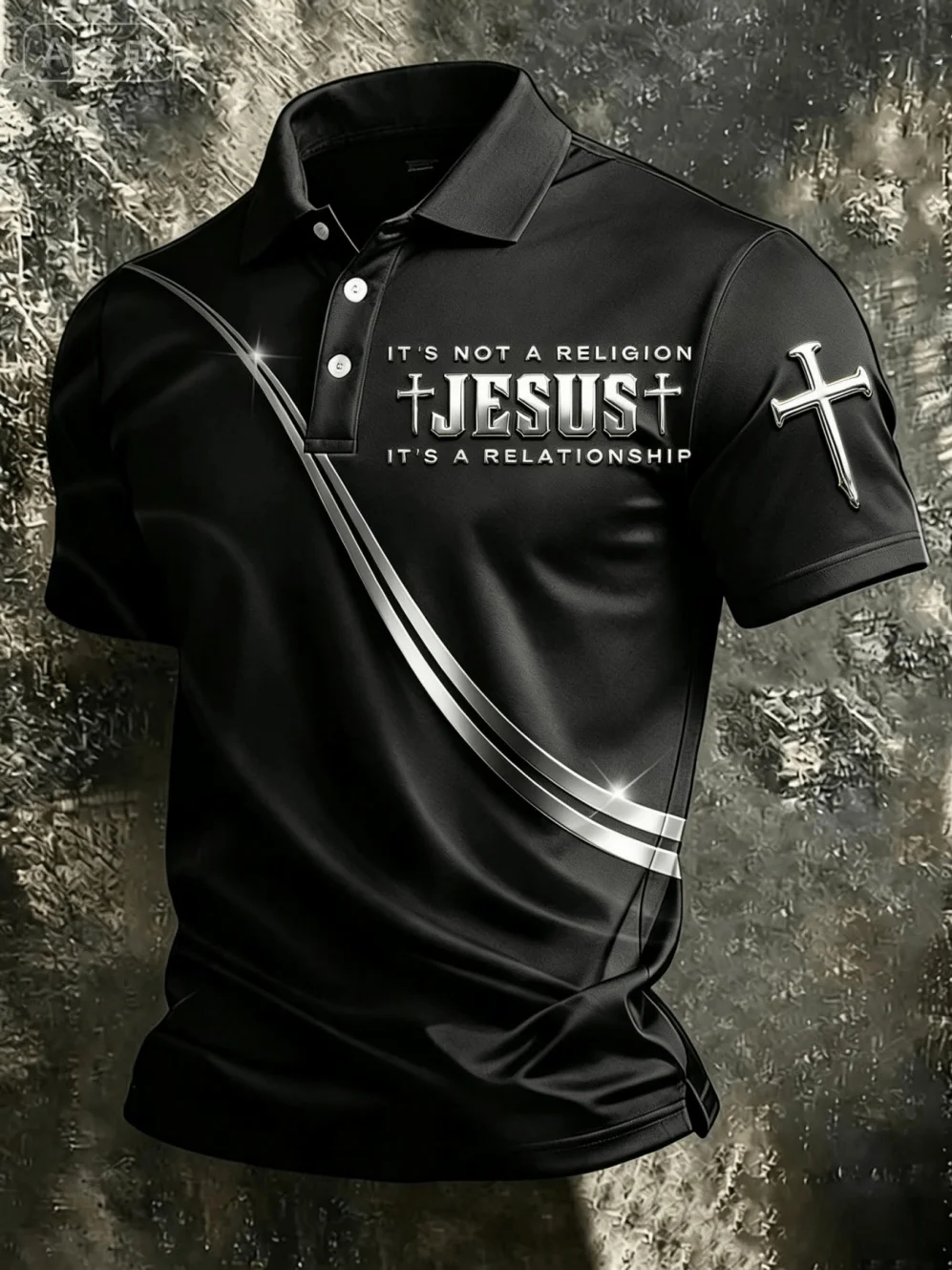 Men's Smooth Black Lapel Polo Silvery Diagonal Line Cross Slogan Print Business Casual Polo Top Summer Daily Commute Man Clothes