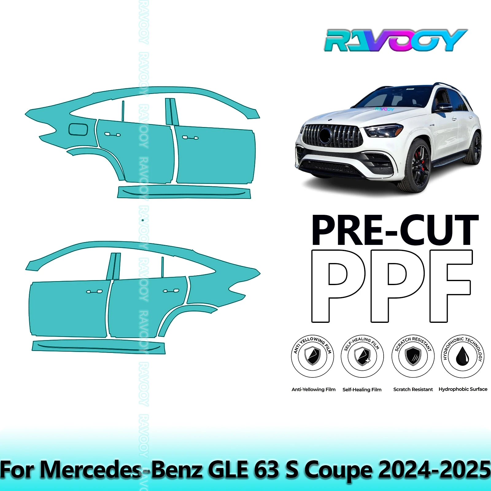 

For Mercedes-Benz GLE 63 S Coupe 2024-2025 8.5mil Clear Matte Pre-Cut PPF Door & A/B Pillar Kit TPU Paint Protection Film Set