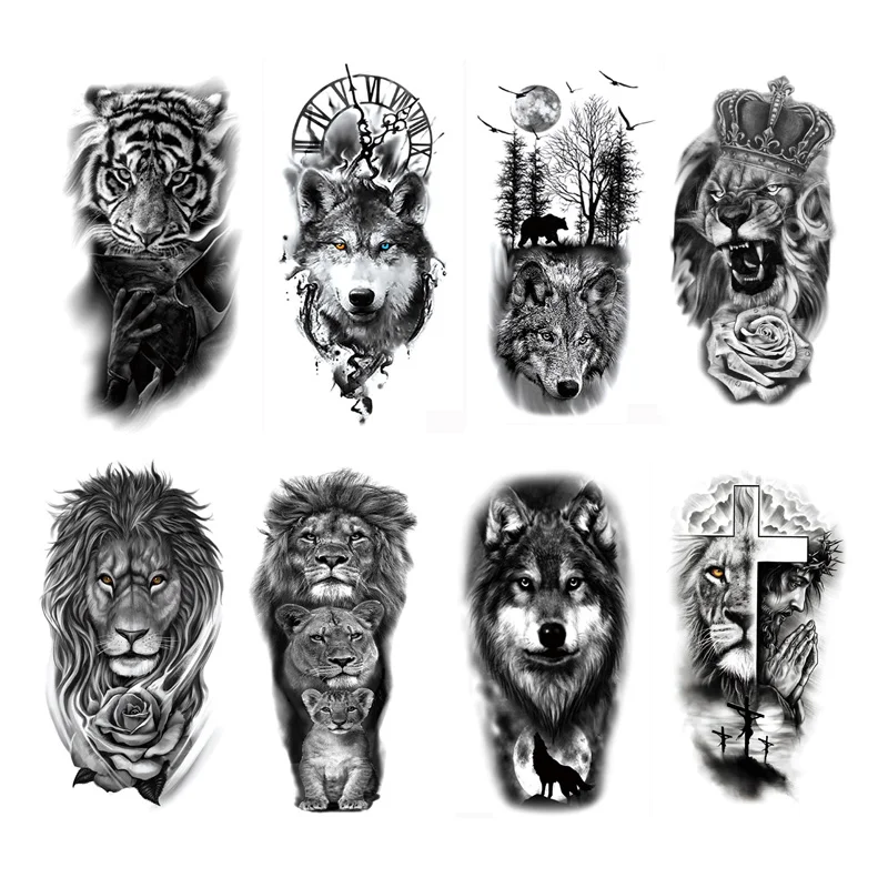 Waterproof Temporary Tattoos for Men Women Animal Lion Tiger Bear Tattoo Stickers Wolf Crown Body Art Arm Fake Tatoo