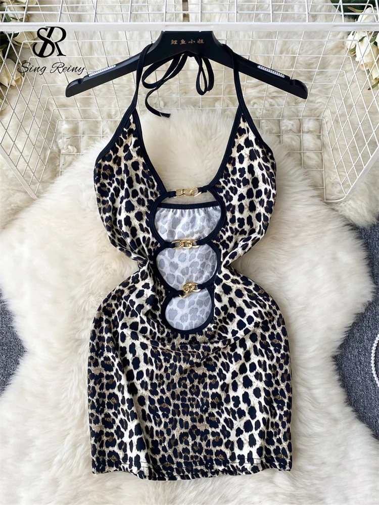 

SINGREINY Halter Leopard Camis Dress Fashion American Vintage Bodycon Dress Hollow Out Backless Women Slim Sensual Dress