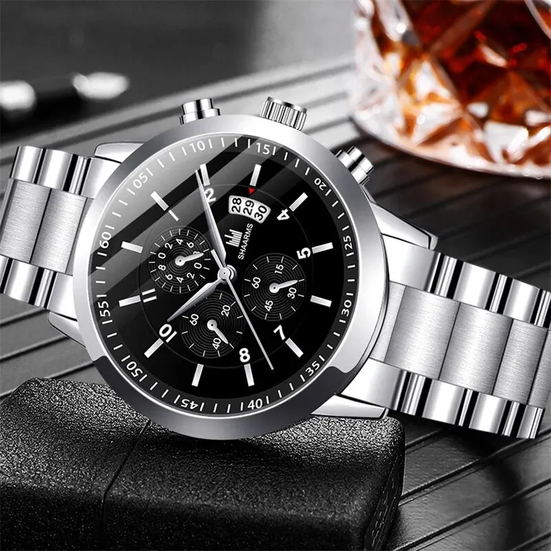 Mode herren edelstahl uhren luxus quarz armbanduhr kalender uhr männer business casual armband set reloj hombre