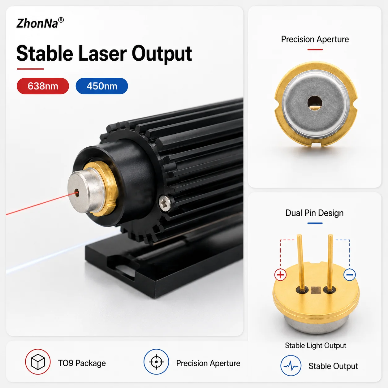 ZhonNa TO9 Laser Diode 638/450nm 1.2/3.5/4.75W Optical Instrument Level Accessories High Power Red Blue Laser Component Tool Set