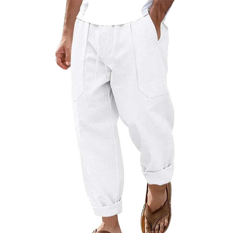 Men Linen‑Blend Loose Pants, Drawstring Elastic Waist Side Pockets Straight Beach Casual Trousers