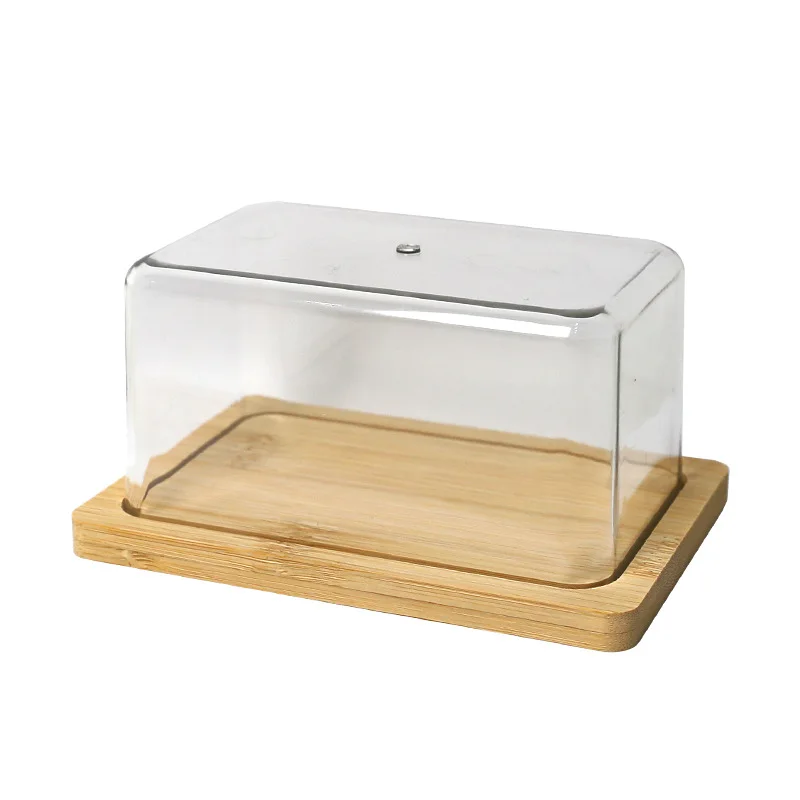 Bamboo Butter Dish Plate with Transparent Cover Household Butter Box Container Refrigerator Keep Fresh Butter Storage Box