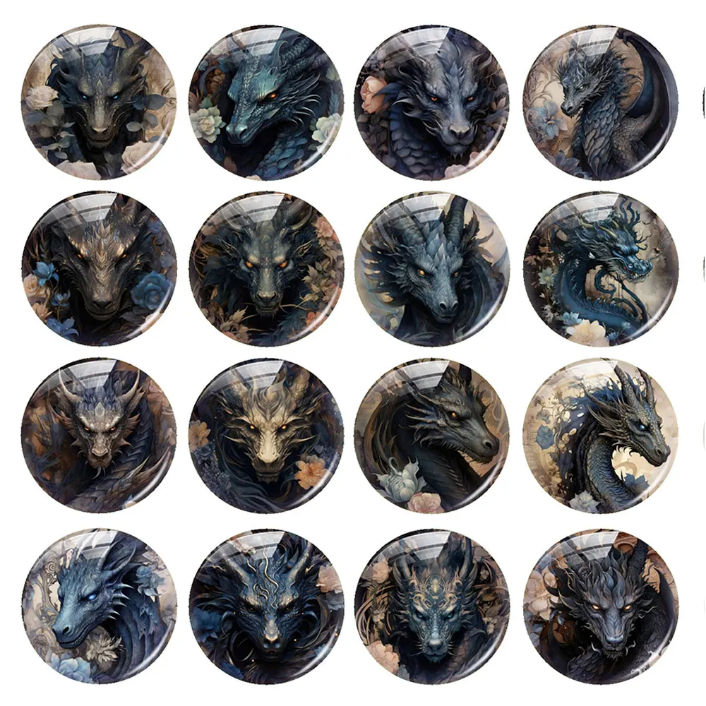 Random Mixed Round/Oval/Square Black Dragon Flower Photo Glass Cabochon Flatback Demo Cameo For Diy Jewelry Making Handmade