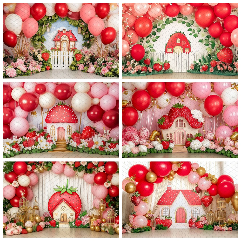 

Strawberry Baby Girl Birthday Party Backdrop Pink Balloon Fairy Tale Photography Background Newborn Cake Smash Photo Banner