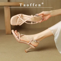 Taoffen Summer Concise Fashion Women Sandals Thin Heels Narrow Band Peep Toe Slingback Sandals Lightweight Cross-Tied Lady Shoes