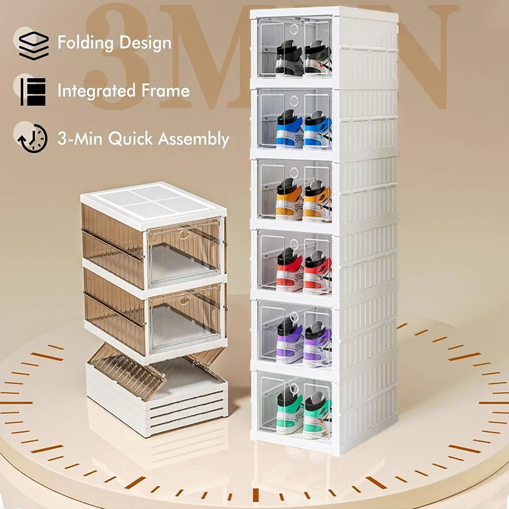 Foldable Shoe Rack,Collapsible Plastic Shoe Organizer with Doors Sturdy Easy to Assemble for Closet,Stackable Shoe Storage Boxes