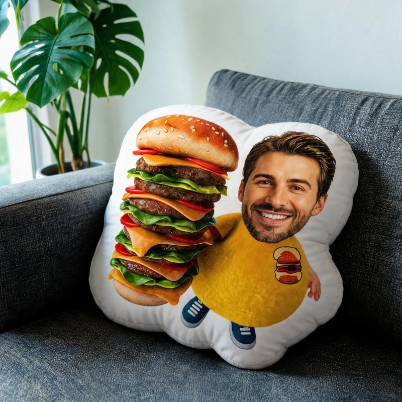 Custom Personalized Photo Face Shaped Pillow, Funny for Man Holding Giant Burger Decorative Cushion, Unique Home Decor Accent fo