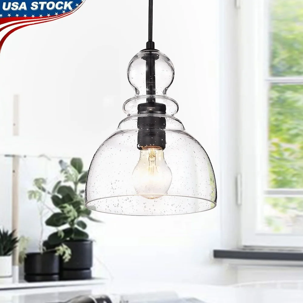 

Minimalist Matte Black Pendant Light Clear Seeded Glass Shade Indoor Adjustable Ceiling Fixture Requires E26 Bulb Hardwired