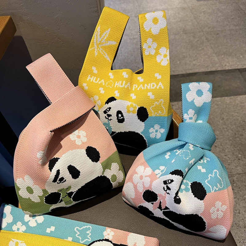 Fashion Handmade Knitted Handbags Women Mini Knot Wrist Bag Cute Panda Girl Casual Tote Bags Portable Shopping Storage Bag