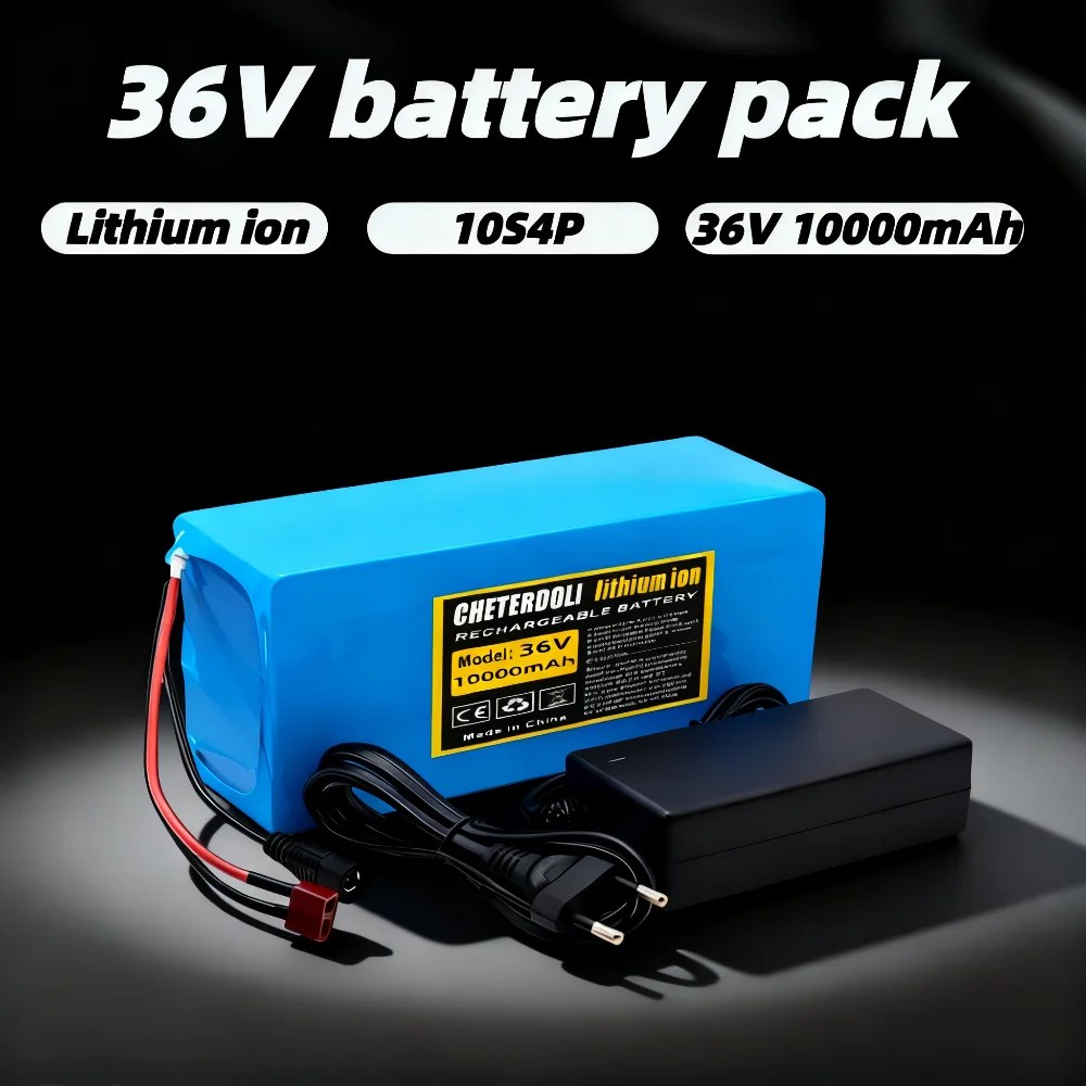 Rechargeable Battery 36V 10000mAh Removable Battery 10S4P Lithium-Ion Battery for 0-500W Motor Electric Scooter+2ACharger