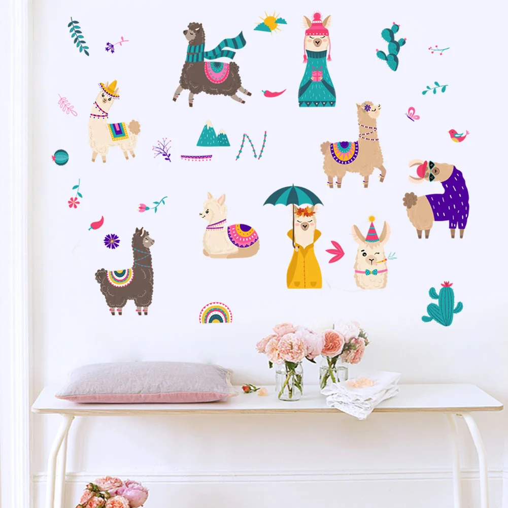 Cute Cartoon animal Alpaca wall stickers for kids rooms bedroom home decoration 3d vivid wall decals pvc mural art poster