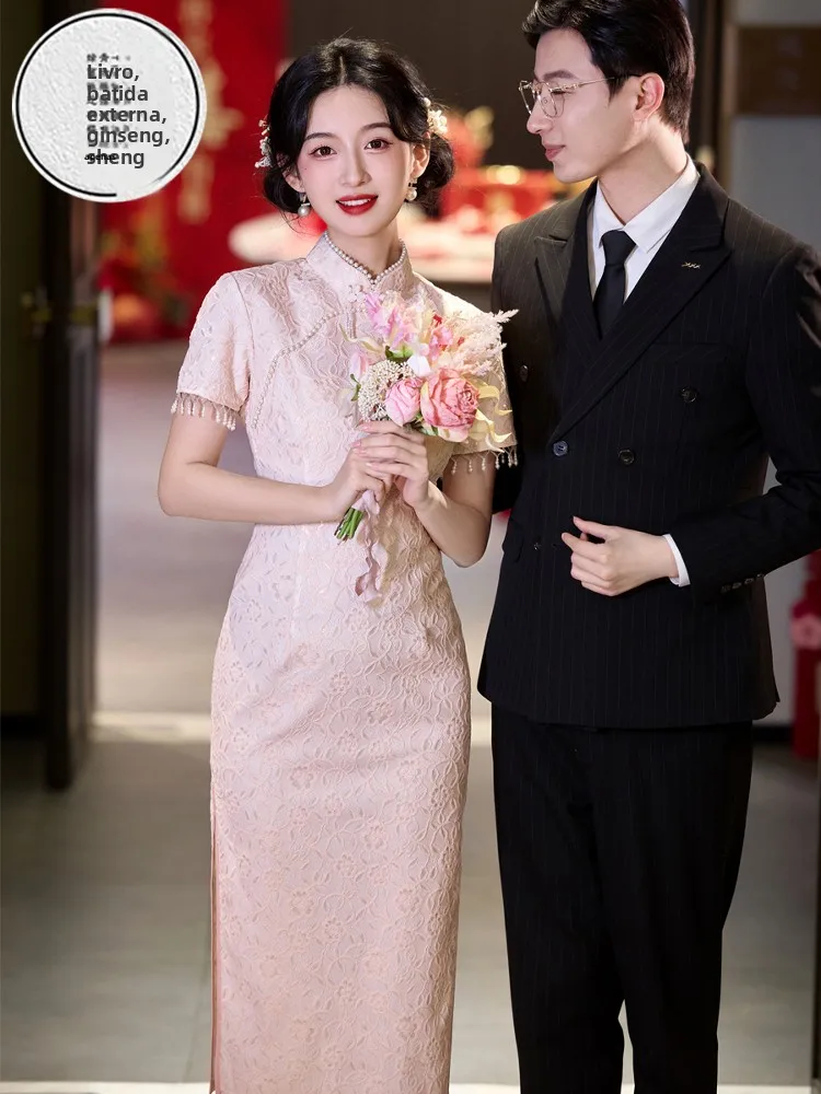 summer-new-pink-wedding-dr-young-sle-chinese-sle-bride-gown-return-home-low-slit-ort-sve-mid-length-skirt