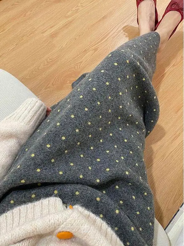 High Waist Knitted Polka Dot Half Skirt Women's Autumn Winter Versatile New Style Midi A-Line Skirt with Lace Trim