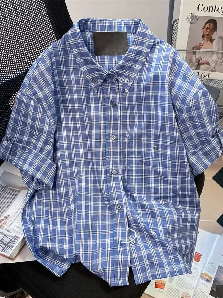 Hoge kwaliteit retro geruite shirt vrouwen losse zomer casual streetwear blouse oversize vintage alle match bf eenvoudige tops nieuw