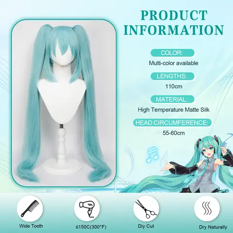 Perruque de cosplay Anime Hatsune Miku, perruque en fibre synthétique double queue de cheval de 110 cm, Halloween, Noël
