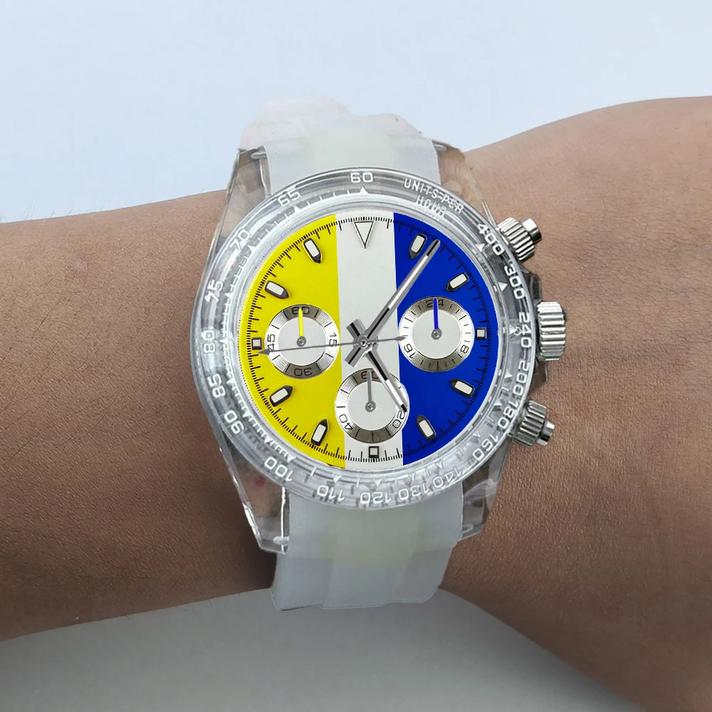 Relógios personalizados 39.3mm cronógrafo novo relógio modificado masculino caixa transparente de plástico cronógrafo vk63 relógios coloridos de luxo