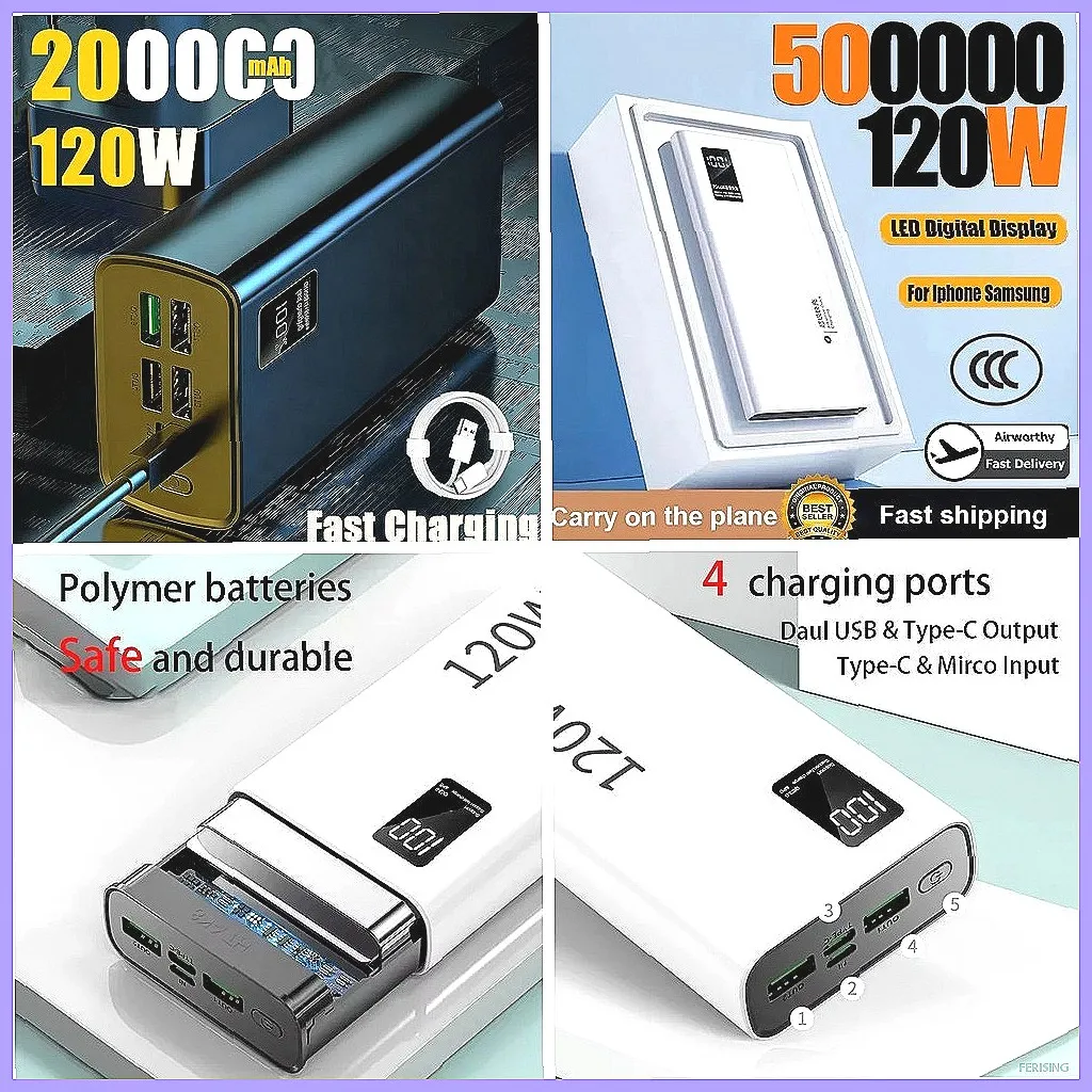 

Новый портативный аккумулятор 2026 года, 50000 мАч, 120 Вт, супербыстрая зарядка для iPhone, Samsung, Huawei